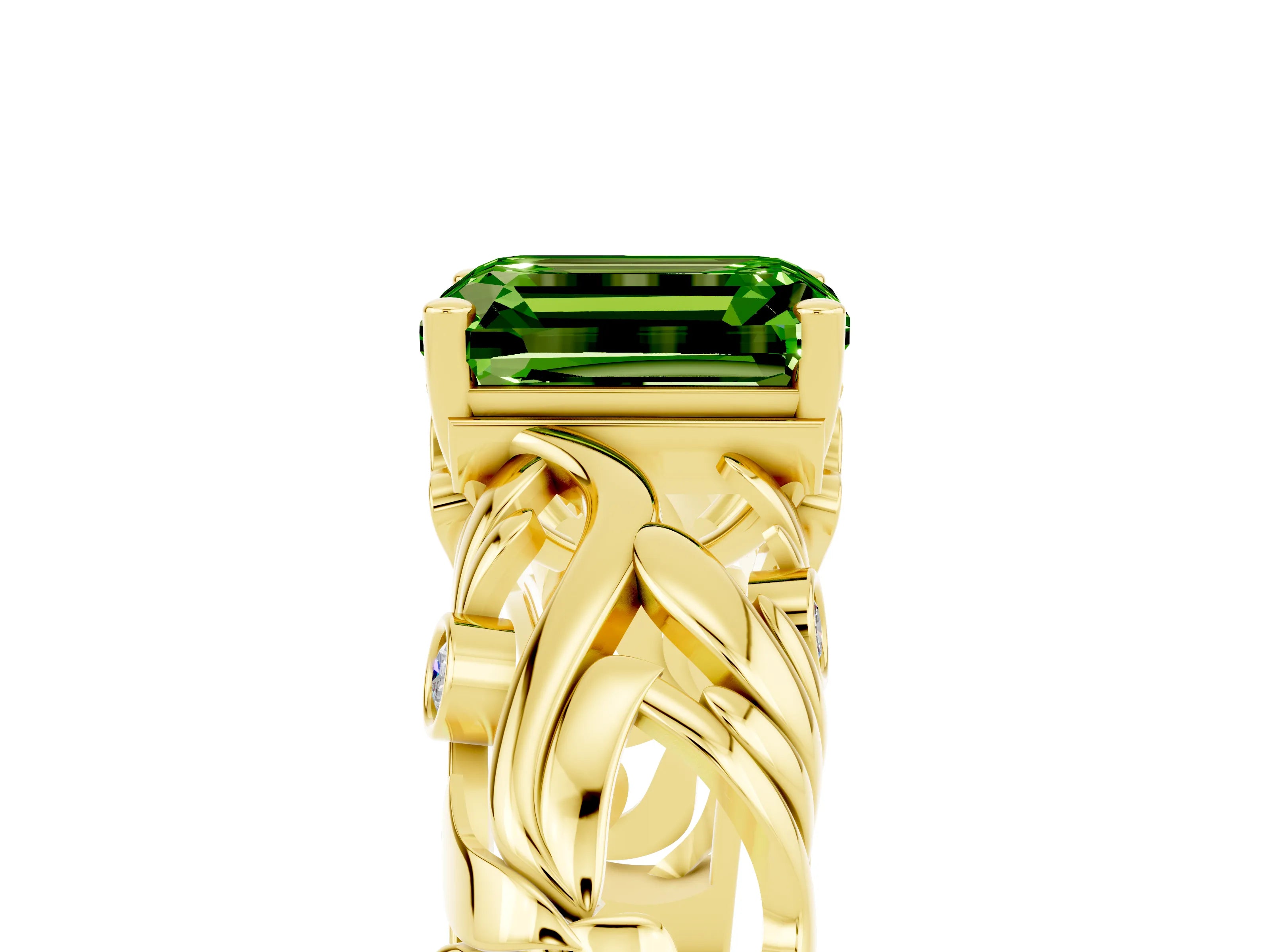 Yellow gold Emerald Cut Solitaire Peridot Leaf-Inspired Vine Band Ring with Prong Setting_5