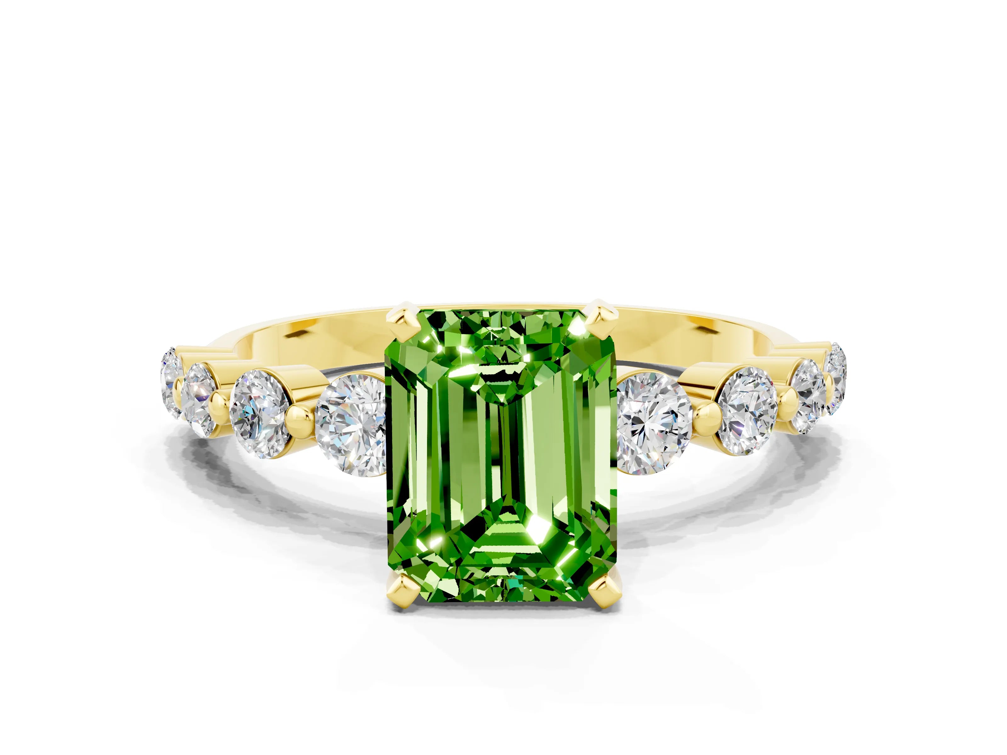 Yellow gold Emerald Cut Solitaire Peridot Ring with Pave Band and Four-Prong Setting