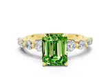 Yellow gold Emerald Cut Solitaire Peridot Ring with Pave Band and Four-Prong Setting