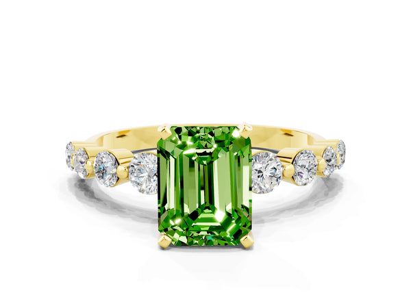 Yellow gold Emerald Cut Solitaire Peridot Ring with Pave Band and Four-Prong Setting