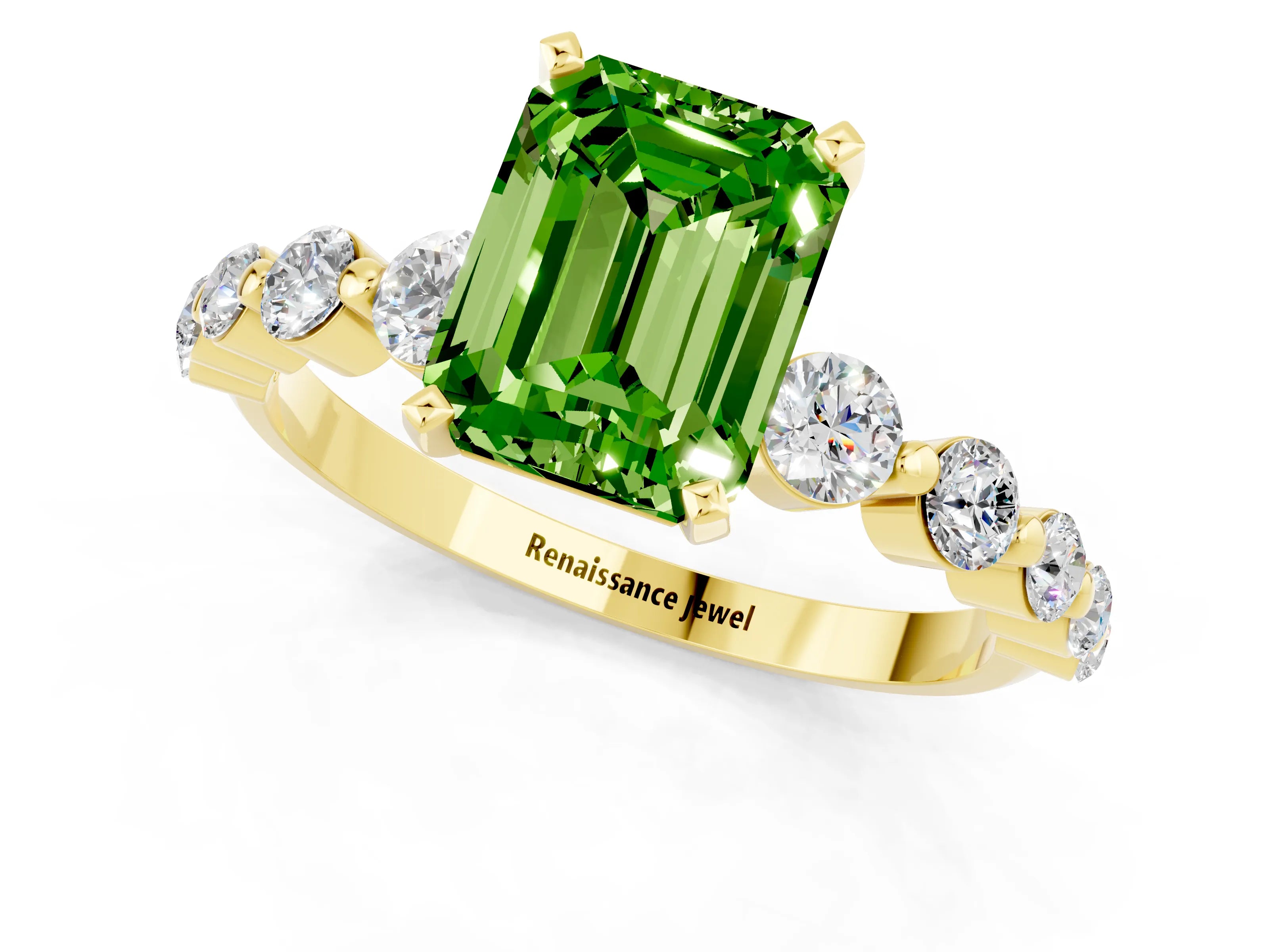 Yellow gold Emerald Cut Solitaire Peridot Ring with Pave Band and Four-Prong Setting_1