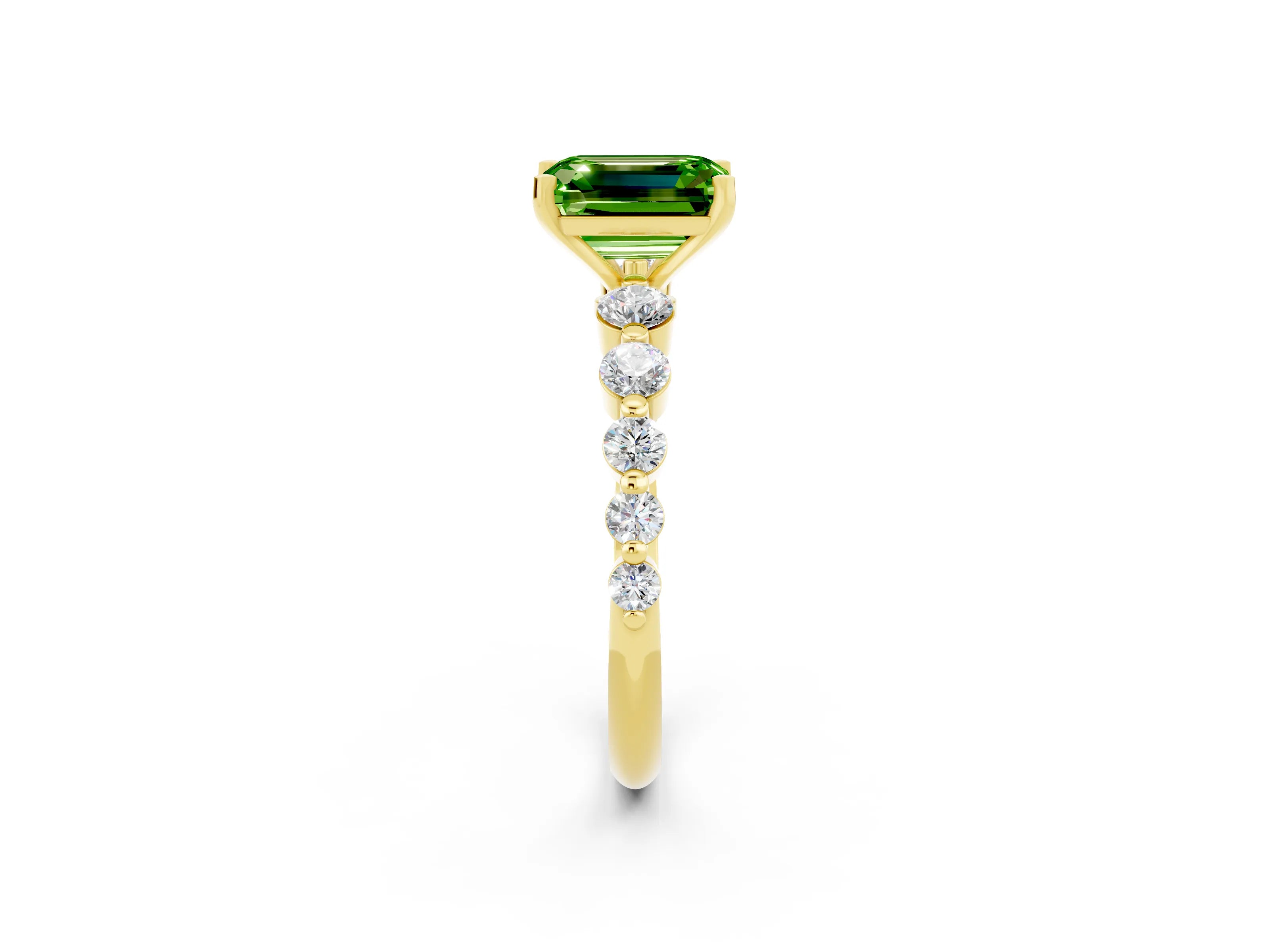 Yellow gold Emerald Cut Solitaire Peridot Ring with Pave Band and Four-Prong Setting_2