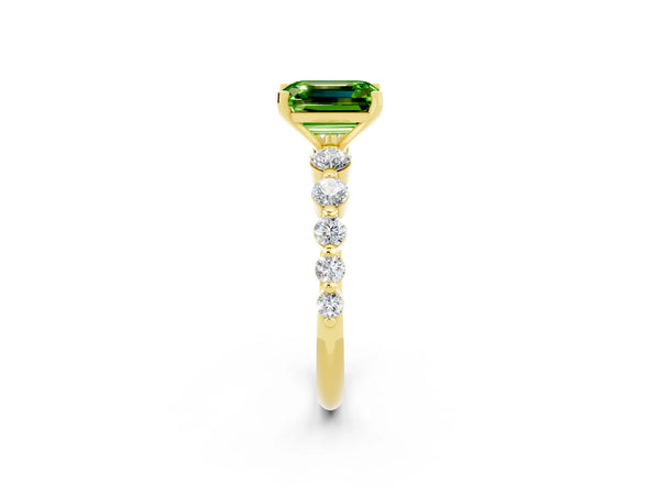 Yellow gold Emerald Cut Solitaire Peridot Ring with Pave Band and Four-Prong Setting