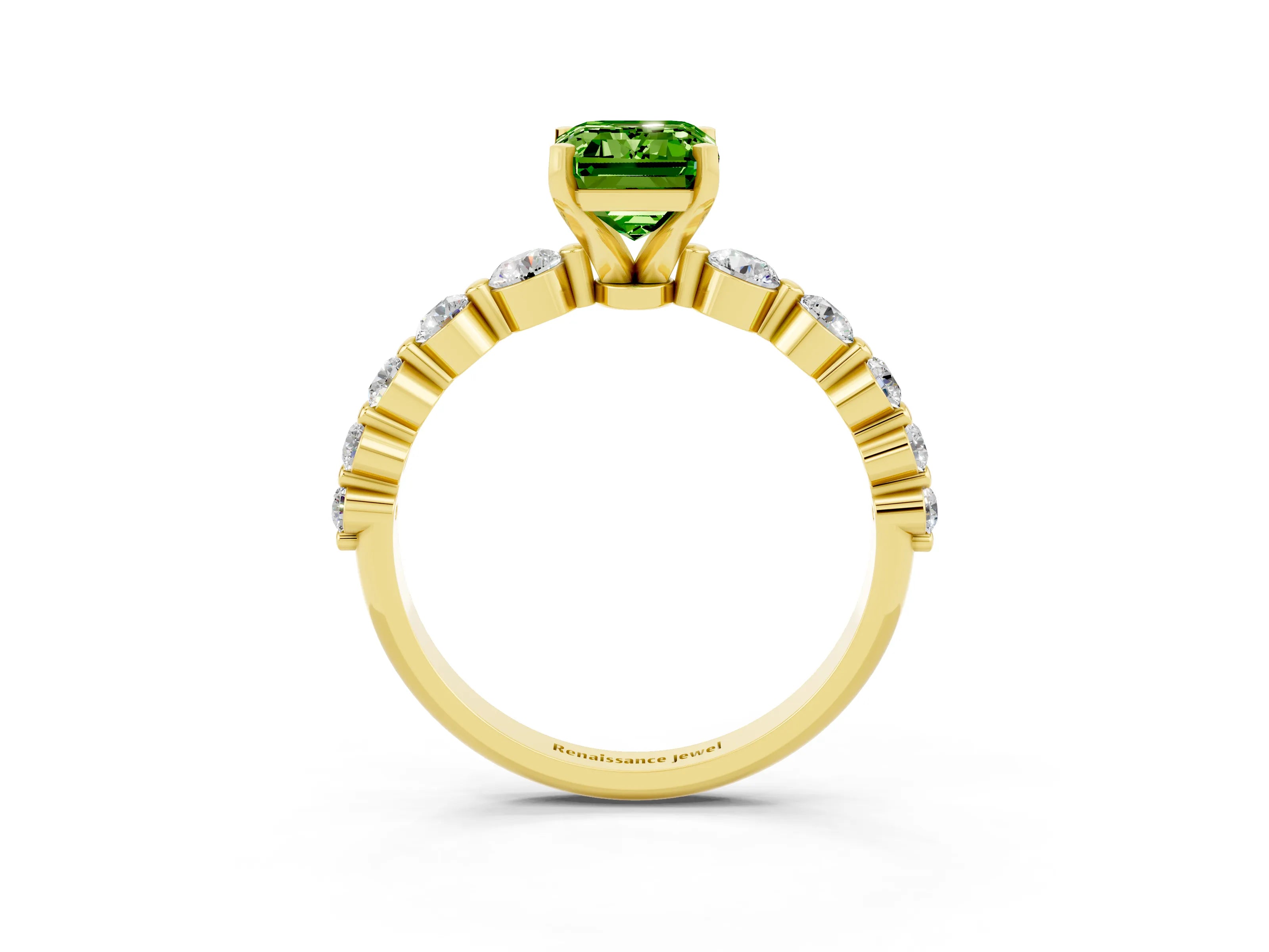 Yellow gold Emerald Cut Solitaire Peridot Ring with Pave Band and Four-Prong Setting_3