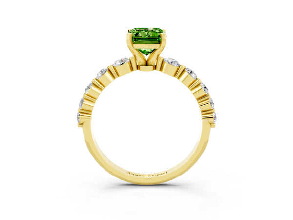 Yellow gold Emerald Cut Solitaire Peridot Ring with Pave Band and Four-Prong Setting