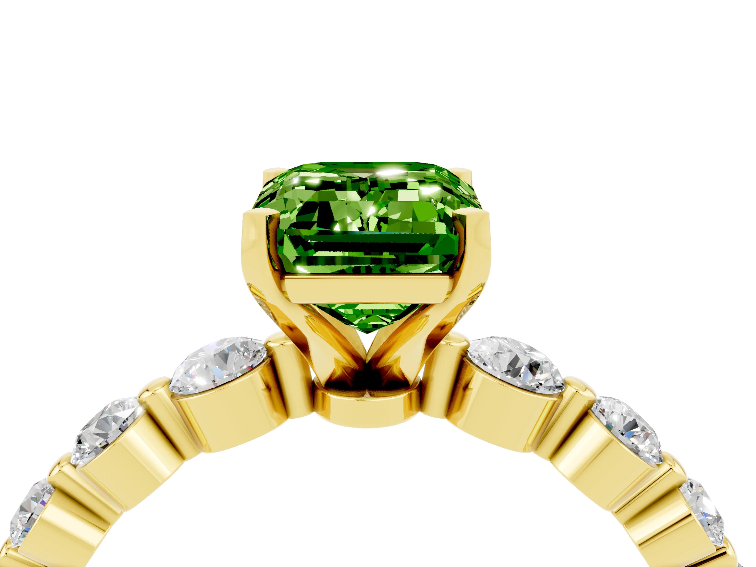 Yellow gold Emerald Cut Solitaire Peridot Ring with Pave Band and Four-Prong Setting_4