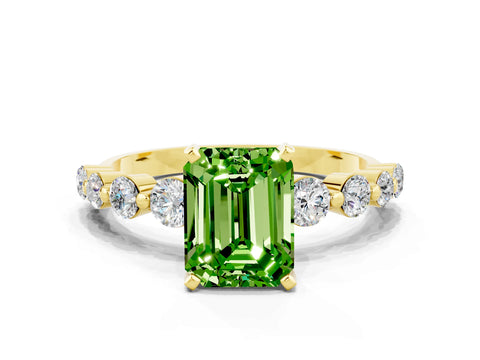 Yellow gold Emerald Cut Solitaire Peridot Ring with Pave Band and Four-Prong Setting