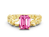 Yellow gold Emerald Cut Solitaire Pink Sapphire Leaf-Inspired Vine Band Ring with Prong Setting_24
