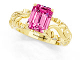 Yellow gold Emerald Cut Solitaire Pink Sapphire Leaf-Inspired Vine Band Ring with Prong Setting_25