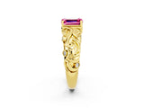 Yellow gold Emerald Cut Solitaire Pink Sapphire Leaf-Inspired Vine Band Ring with Prong Setting_26