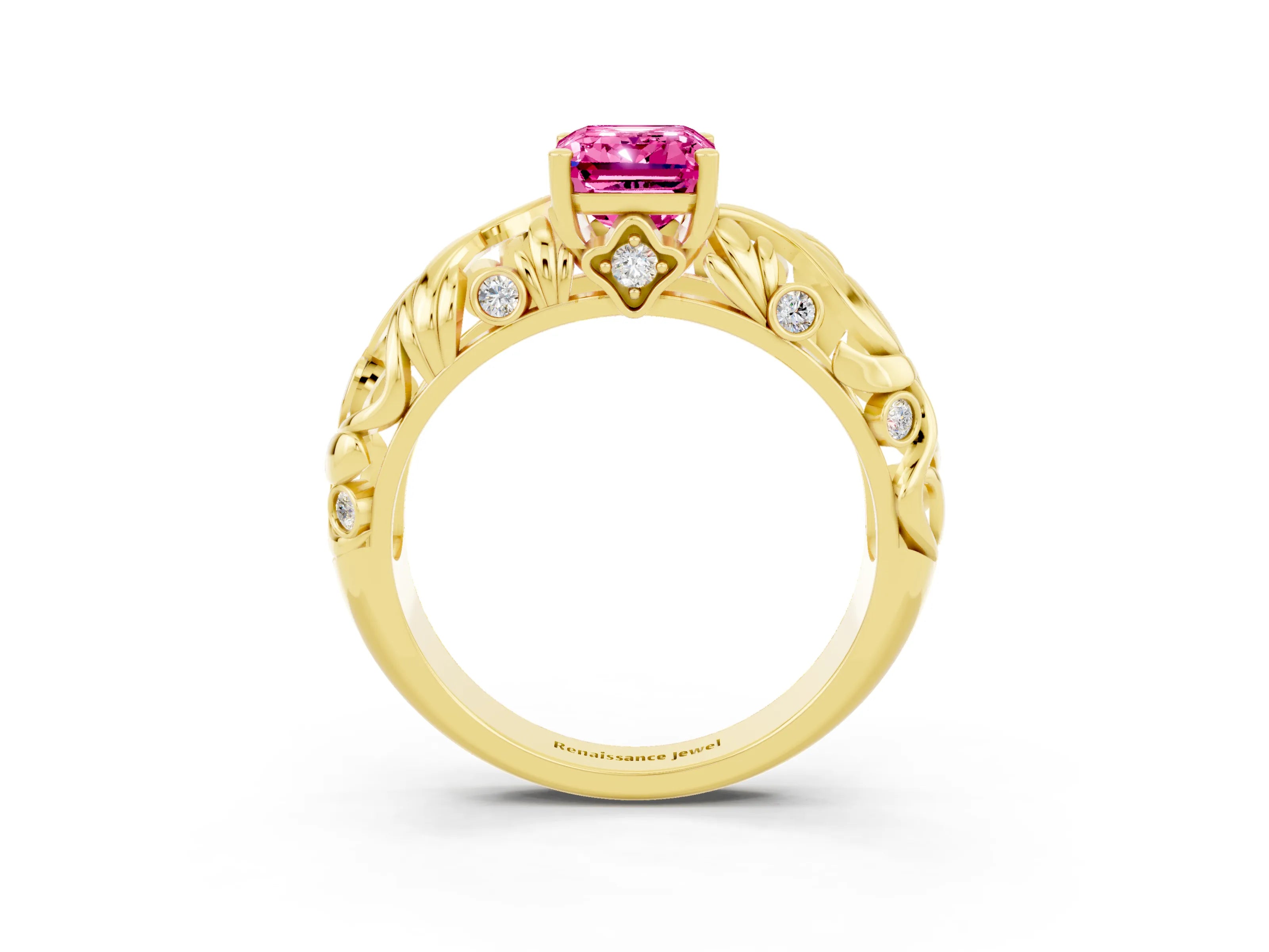 Yellow gold Emerald Cut Solitaire Pink Sapphire Leaf-Inspired Vine Band Ring with Prong Setting_27
