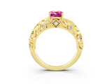 Yellow gold Emerald Cut Solitaire Pink Sapphire Leaf-Inspired Vine Band Ring with Prong Setting_27