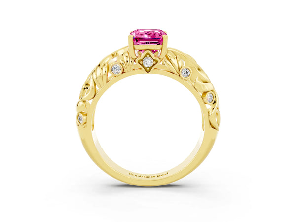 Yellow gold Emerald Cut Solitaire Pink Sapphire Leaf-Inspired Vine Band Ring with Prong Setting