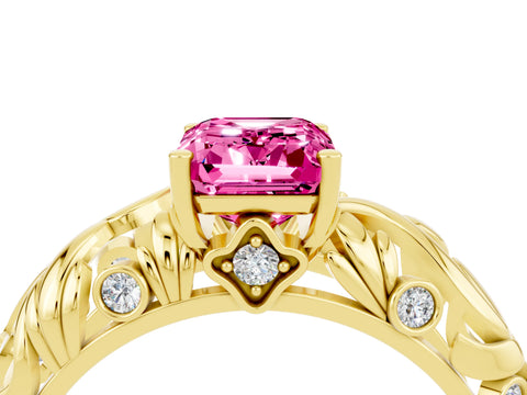 Yellow gold Emerald Cut Solitaire Pink Sapphire Leaf-Inspired Vine Band Ring with Prong Setting_28