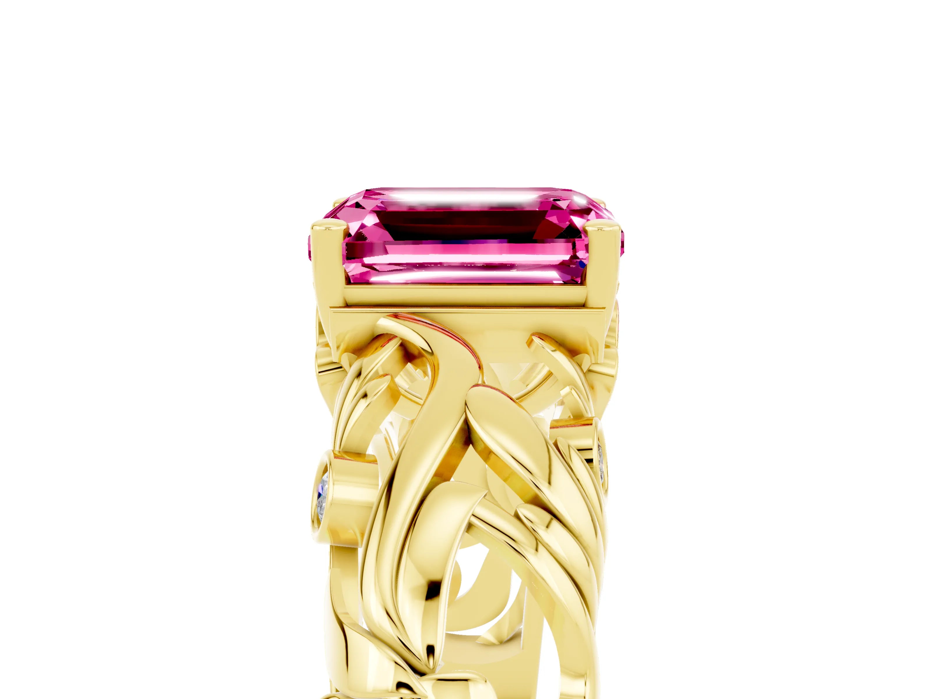 Yellow gold Emerald Cut Solitaire Pink Sapphire Leaf-Inspired Vine Band Ring with Prong Setting_29