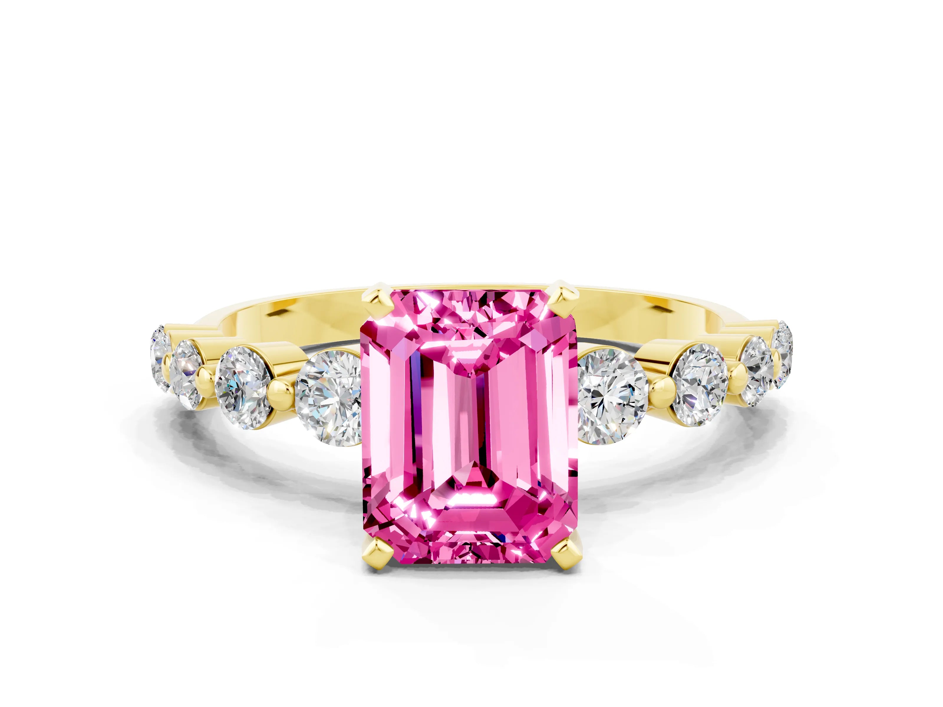 Yellow gold Emerald Cut Solitaire Pink Sapphire Ring with Pave Band and Four-Prong Setting_24