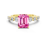 Yellow gold Emerald Cut Solitaire Pink Sapphire Ring with Pave Band and Four-Prong Setting_24