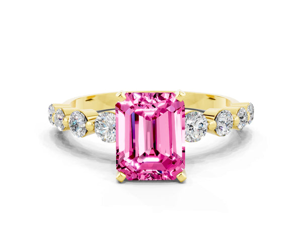Yellow gold Emerald Cut Solitaire Pink Sapphire Ring with Pave Band and Four-Prong Setting