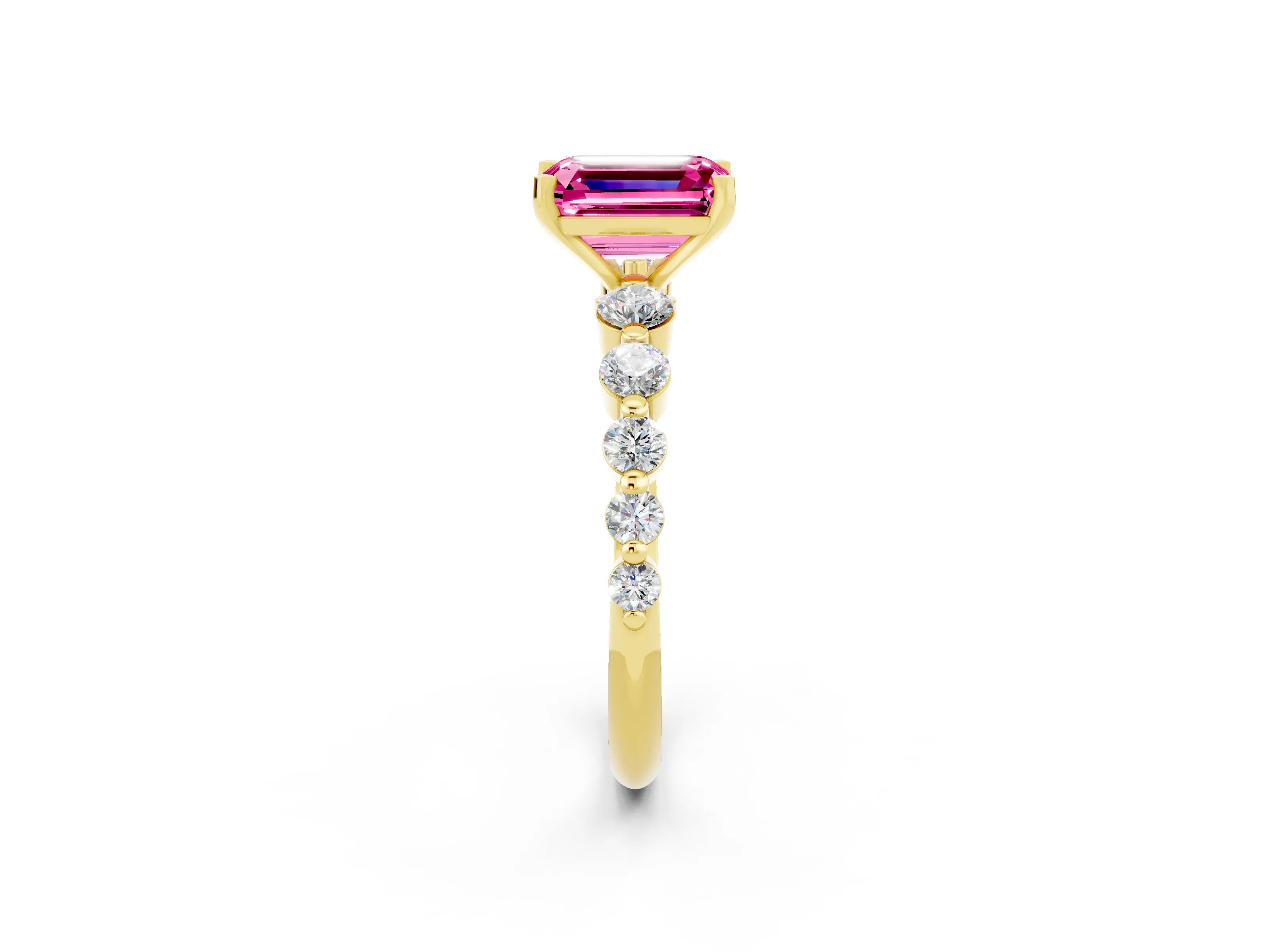 Yellow gold Emerald Cut Solitaire Pink Sapphire Ring with Pave Band and Four-Prong Setting_26