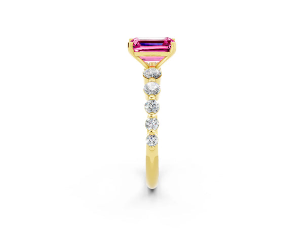 Yellow gold Emerald Cut Solitaire Pink Sapphire Ring with Pave Band and Four-Prong Setting
