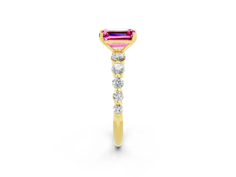 Yellow gold Emerald Cut Solitaire Pink Sapphire Ring with Pave Band and Four-Prong Setting_26