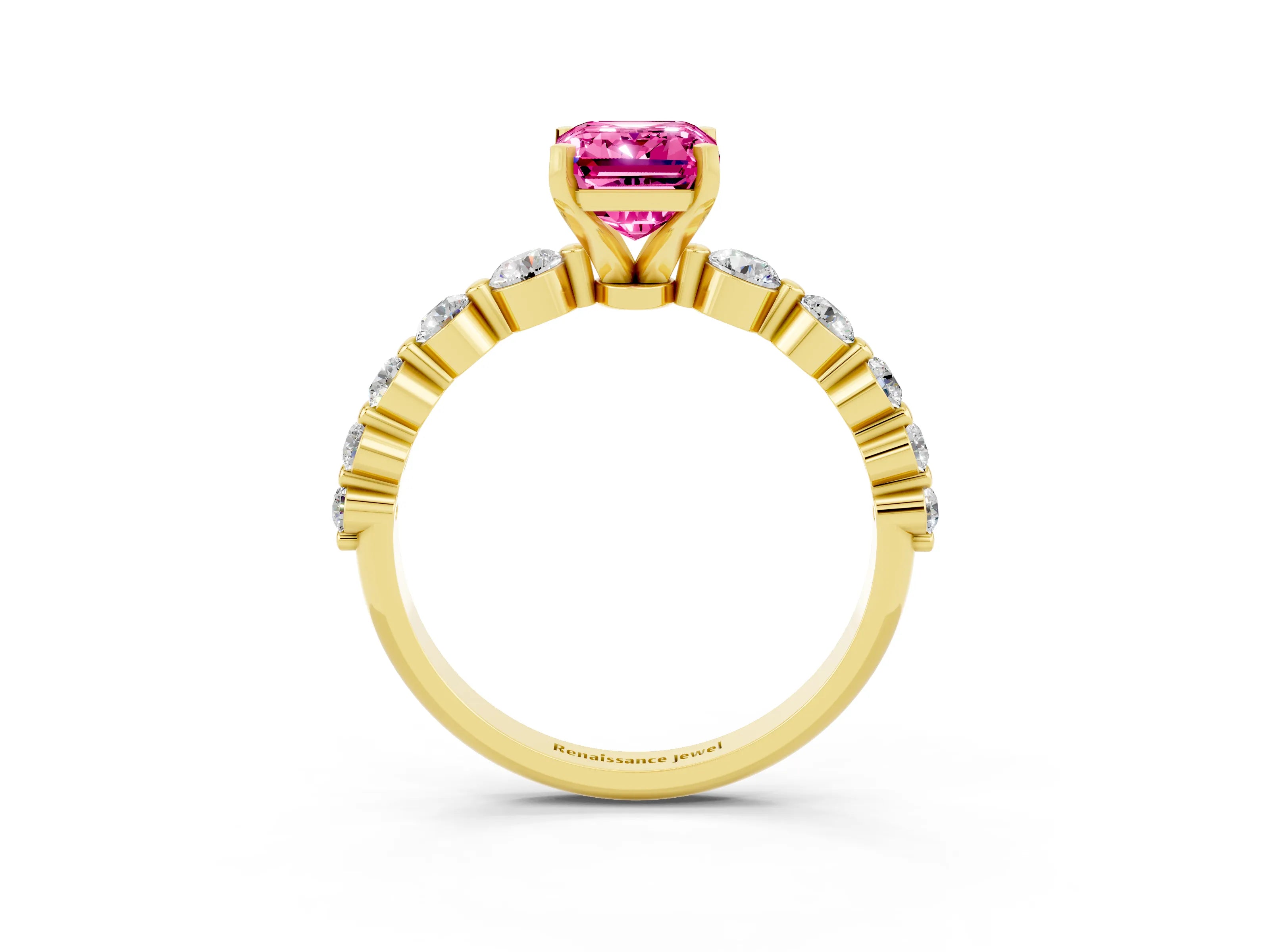 Yellow gold Emerald Cut Solitaire Pink Sapphire Ring with Pave Band and Four-Prong Setting_27