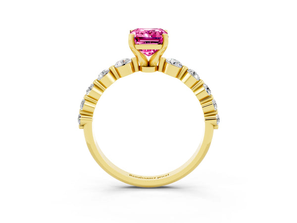 Yellow gold Emerald Cut Solitaire Pink Sapphire Ring with Pave Band and Four-Prong Setting
