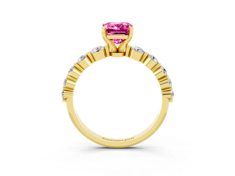 Yellow gold Emerald Cut Solitaire Pink Sapphire Ring with Pave Band and Four-Prong Setting_27