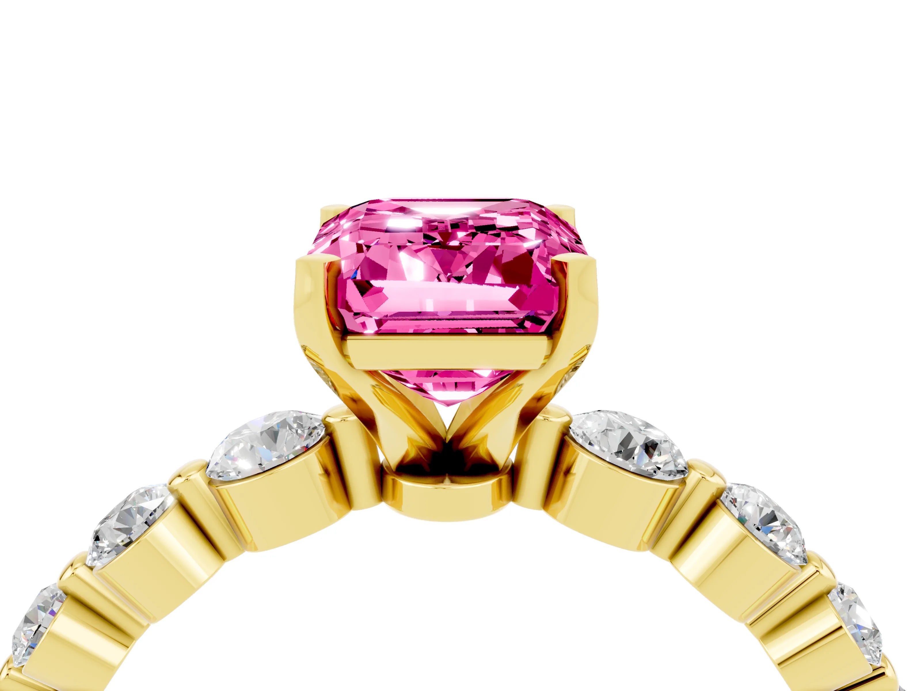 Yellow gold Emerald Cut Solitaire Pink Sapphire Ring with Pave Band and Four-Prong Setting_28