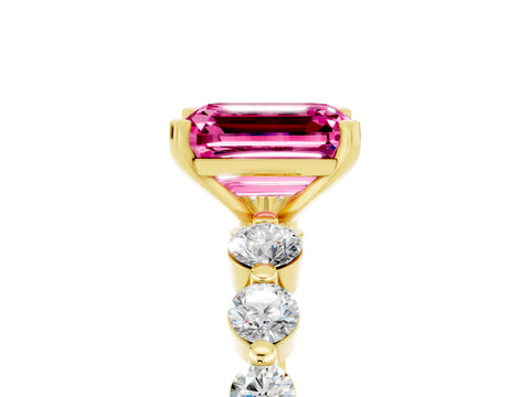 Yellow gold Emerald Cut Solitaire Pink Sapphire Ring with Pave Band and Four-Prong Setting_29