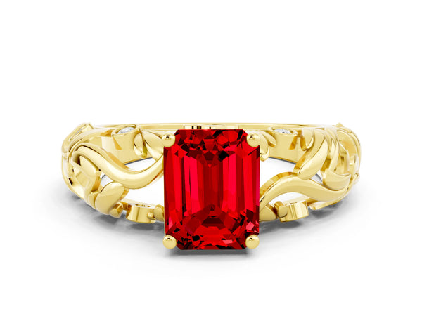 Yellow gold Emerald Cut Solitaire Ruby Leaf-Inspired Vine Band Ring with Prong Setting