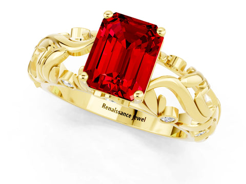 Yellow gold Emerald Cut Solitaire Ruby Leaf-Inspired Vine Band Ring with Prong Setting_1