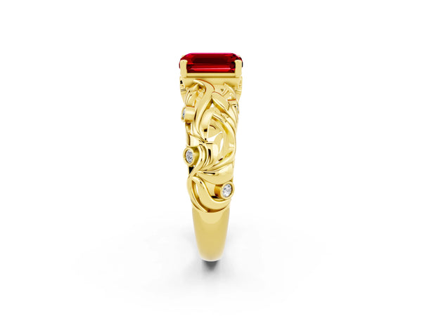 Yellow gold Emerald Cut Solitaire Ruby Leaf-Inspired Vine Band Ring with Prong Setting