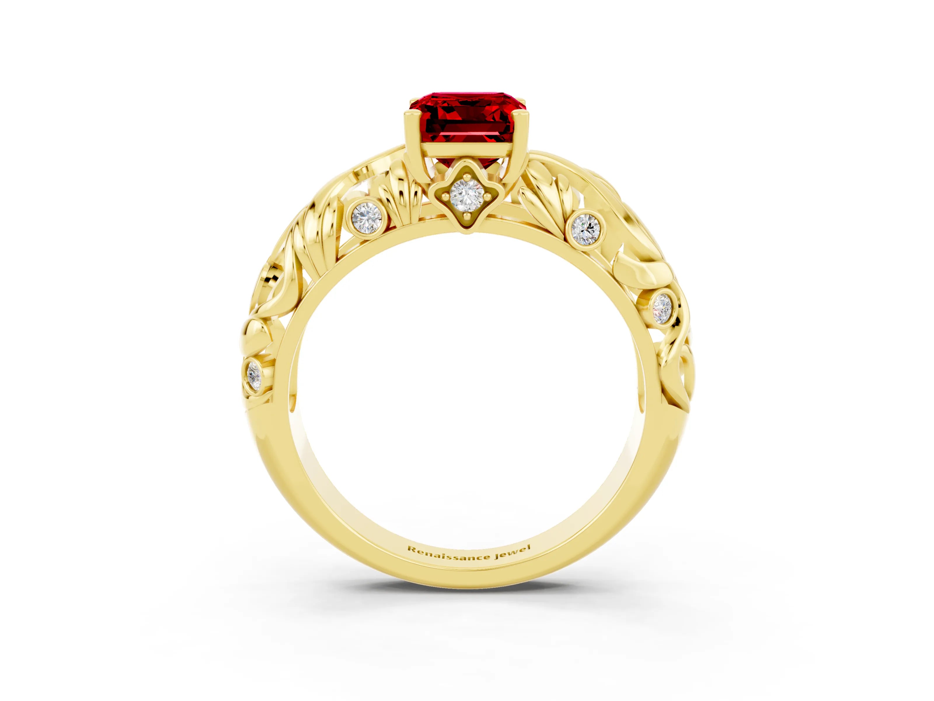 Yellow gold Emerald Cut Solitaire Ruby Leaf-Inspired Vine Band Ring with Prong Setting_3