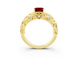 Yellow gold Emerald Cut Solitaire Ruby Leaf-Inspired Vine Band Ring with Prong Setting_3