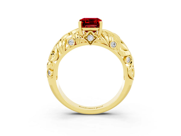 Yellow gold Emerald Cut Solitaire Ruby Leaf-Inspired Vine Band Ring with Prong Setting
