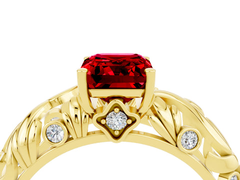 Yellow gold Emerald Cut Solitaire Ruby Leaf-Inspired Vine Band Ring with Prong Setting_4