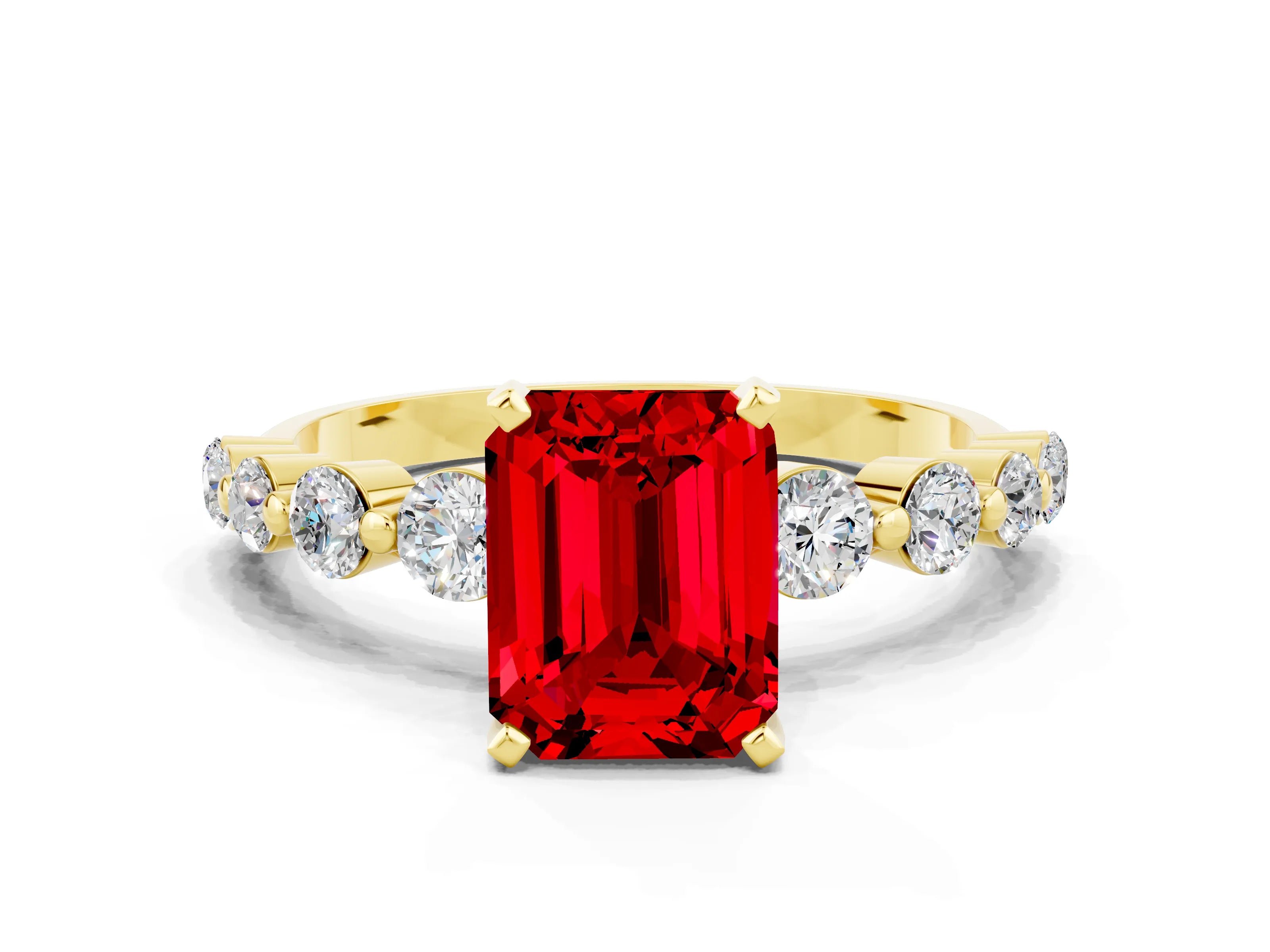 Yellow gold Emerald Cut Solitaire Ruby Ring with Pave Band and Four-Prong Setting