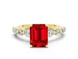 Yellow gold Emerald Cut Solitaire Ruby Ring with Pave Band and Four-Prong Setting