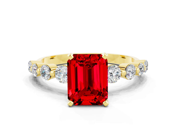 Yellow gold Emerald Cut Solitaire Ruby Ring with Pave Band and Four-Prong Setting
