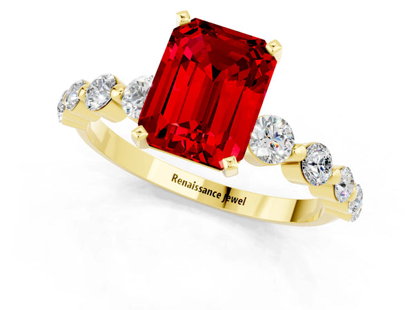 Yellow gold Emerald Cut Solitaire Ruby Ring with Pave Band and Four-Prong Setting