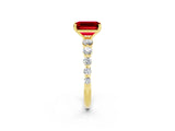 Yellow gold Emerald Cut Solitaire Ruby Ring with Pave Band and Four-Prong Setting_2
