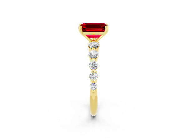 Yellow gold Emerald Cut Solitaire Ruby Ring with Pave Band and Four-Prong Setting