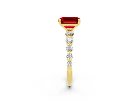 Yellow gold Emerald Cut Solitaire Ruby Ring with Pave Band and Four-Prong Setting_2