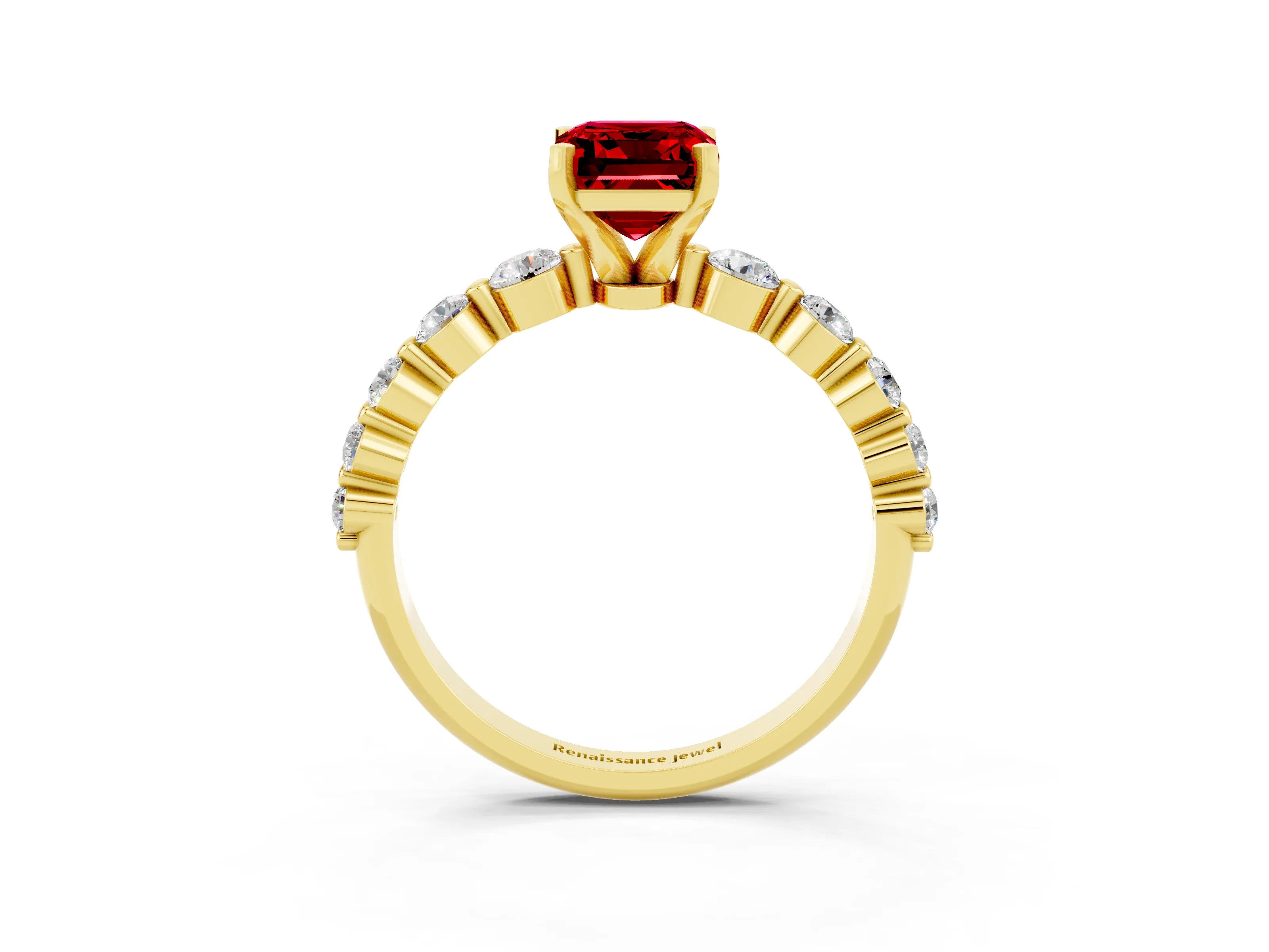 Yellow gold Emerald Cut Solitaire Ruby Ring with Pave Band and Four-Prong Setting_3