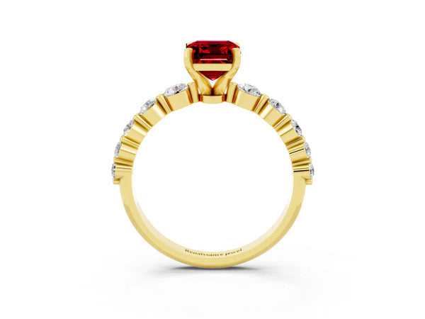 Yellow gold Emerald Cut Solitaire Ruby Ring with Pave Band and Four-Prong Setting