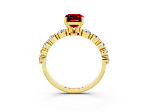 Yellow gold Emerald Cut Solitaire Ruby Ring with Pave Band and Four-Prong Setting_3