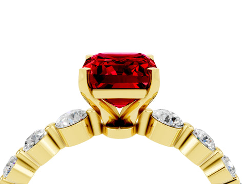 Yellow gold Emerald Cut Solitaire Ruby Ring with Pave Band and Four-Prong Setting_4