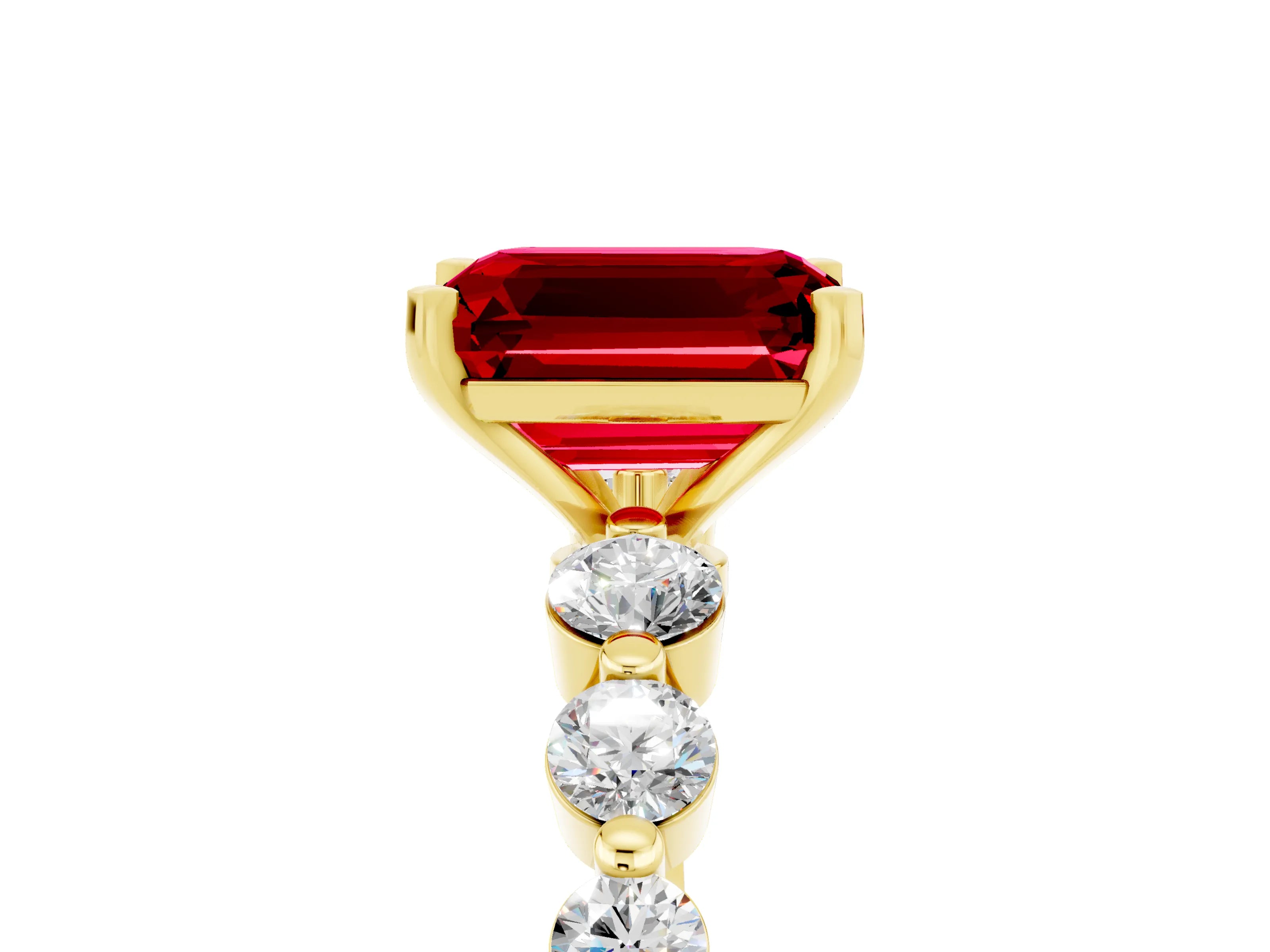 Yellow gold Emerald Cut Solitaire Ruby Ring with Pave Band and Four-Prong Setting_5