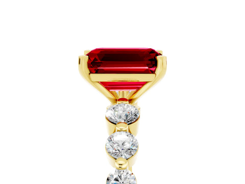 Yellow gold Emerald Cut Solitaire Ruby Ring with Pave Band and Four-Prong Setting_5